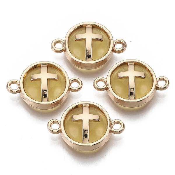 

PandaHall Glass Links connectors, with Light Gold Plated Alloy Findings, Flat Round with Cross, Goldenrod, 13.5x19.5x5.5mm, Hole: 1.6mm...