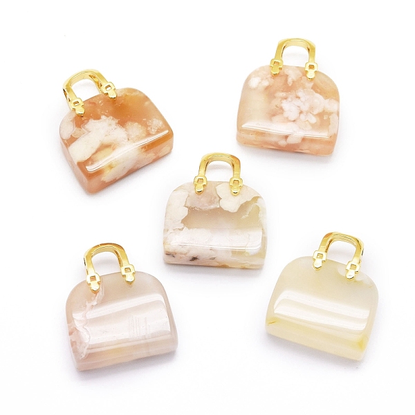

PandaHall Natural Cherry Blossom Agate Brass Pendants, Golden, Bag, 27~29x24~26x9~13mm, Hole: 6mm Cherry Blossom Agate Bag