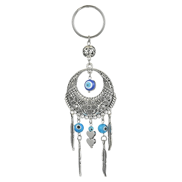 

PandaHall Handmade Lampwork Evil Eye Pendant Keychain, with 304 Stainless Steel Split Key Rings & Alloy Findings, Flat Round with Feather...