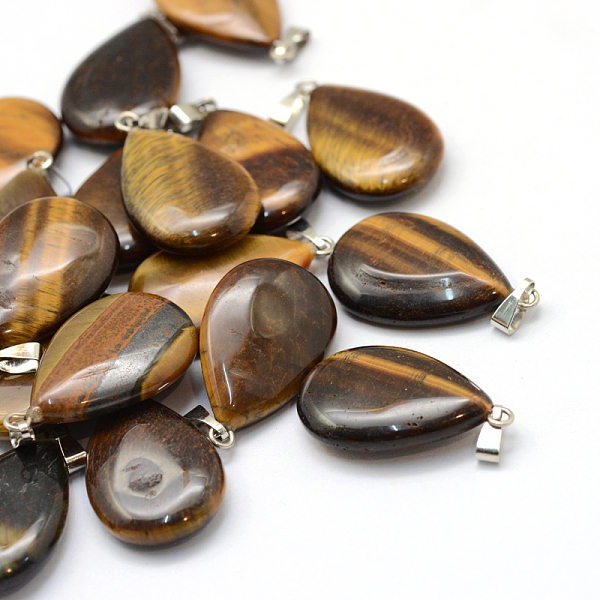

PandaHall Teardrop Natural Tiger Eye Pendants, with Platinum Tone Brass Findings, 25~29x16~17x5~6mm, Hole: 2x7mm Tiger Eye Teardrop