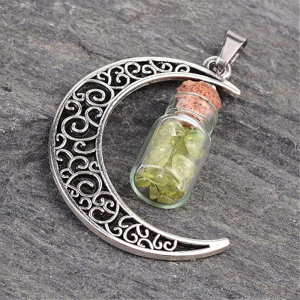 

PandaHall Column Glass Bottle with Peridot inside Pendants, with Moon Alloy Finding and 304 Stainless Steel Findings, 41x29x10mm, Hole...