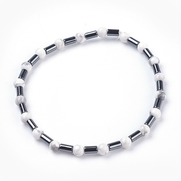 

PandaHall Natural Howlite Stretch Bracelets, with Hematite Beads, 2-1/4 inch(5.7cm) Howlite White