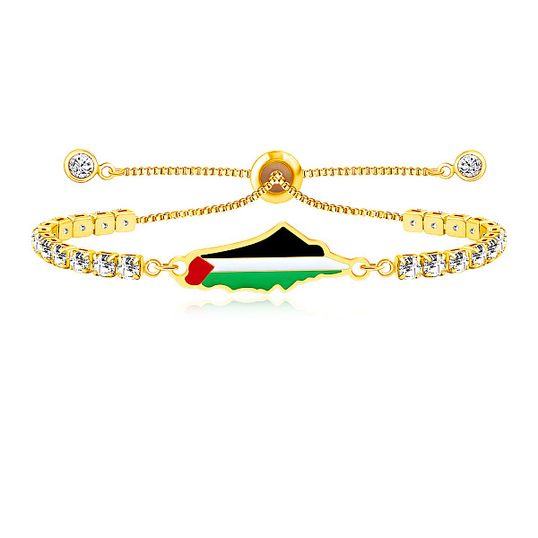 Bracelet coulissant en acier inoxydable 304 émaillé avec carte de Palestine et pavé de zirconiums cubiques transparents pour femme