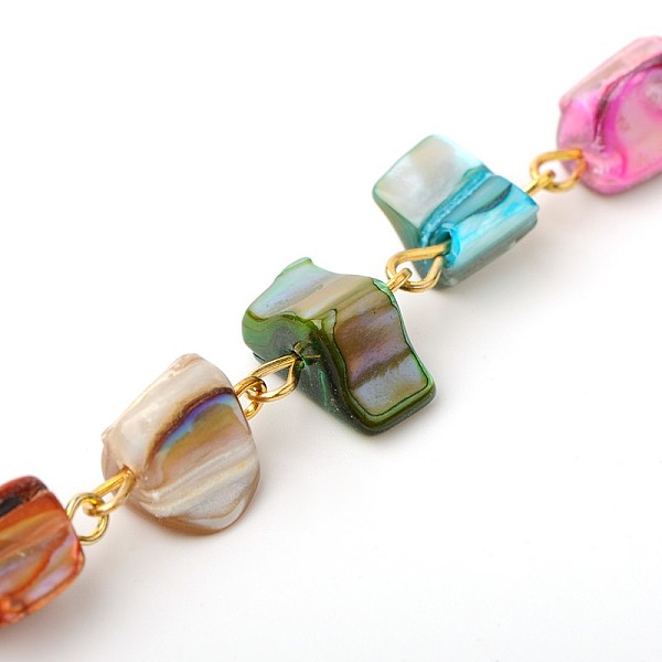 

PandaHall Handmade Sea Shell Beads Chains for Necklaces Bracelets Making, with Iron Eye Pin, Unwelded, Golden, Colorful, 39.3 inch Shell