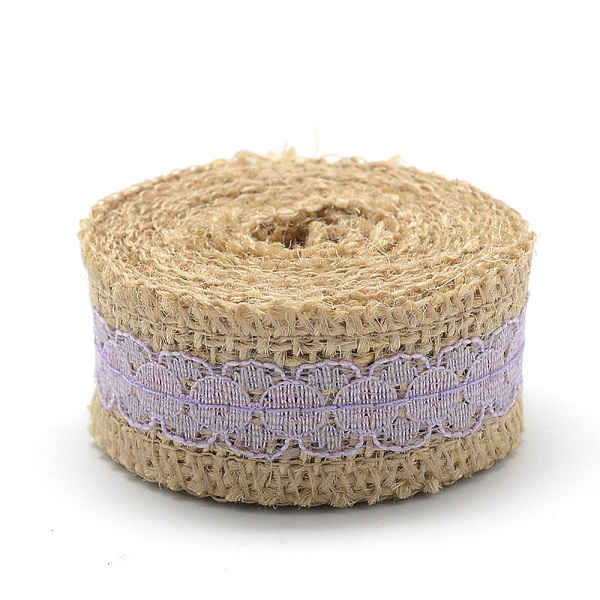 

PandaHall Burlap Ribbon, Hessian Ribbon, Jute Ribbon, with Lace, for Jewelry Making, Flower Pattern, Lilac, 1-1/8 inch(27~28mm), about..., Purple
