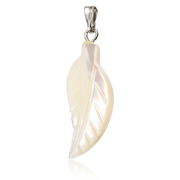 

PandaHall Natural Trochid Shell/Trochus Shell Pendants, with Platinum Tone Zinc Alloy Findings, Leaf Charm, 27~29x9~10x3.5~4.5mm, Hole..., White
