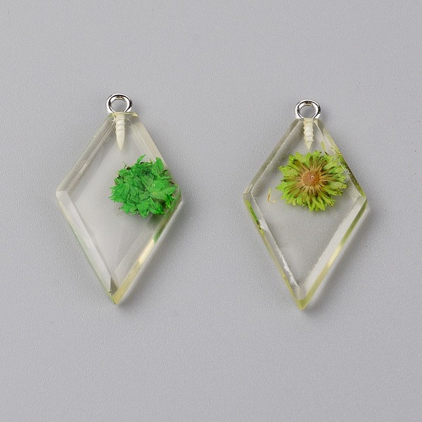 

PandaHall Transparent Clear Resin Pendants, with Dried Flower, Platinum Iron Loop, Rhombus, Lime, 32x18x4mm, Hole: 1.5mm, 2pcs/bag Resin..., Green