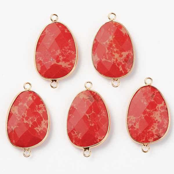 

PandaHall Natural Dyed Regalite/Imperial Jasper/Sea Sediment Jasper Links, with Light Gold Plated Edge Brass Loops, Faceted, Oval, Red...