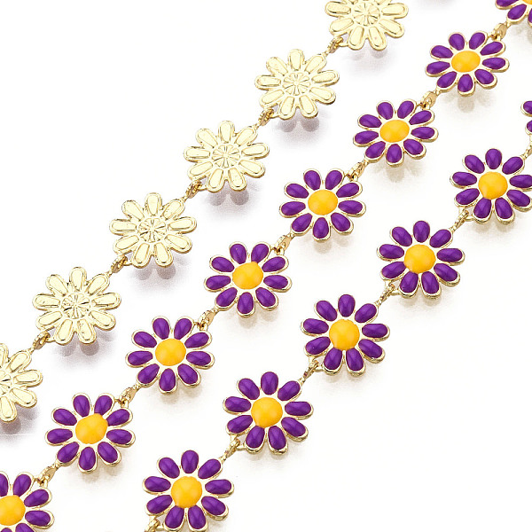 

PandaHall Brass Flower Link Chains, with Enamel, Unwelded, Real 16K Gold Plated, Dark Violet, 13.5~14x9.5~10x1mm Brass+Enamel Purple