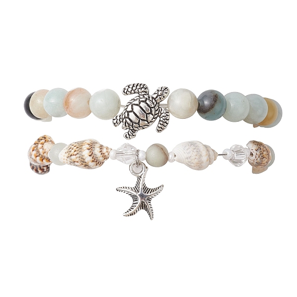 

PandaHall 2Pcs 2 Style Natural Amazonite & Glass & Shell Stretch Bracelets with Tortoise, Stackable Bracelets with Alloy Starfish Charms...