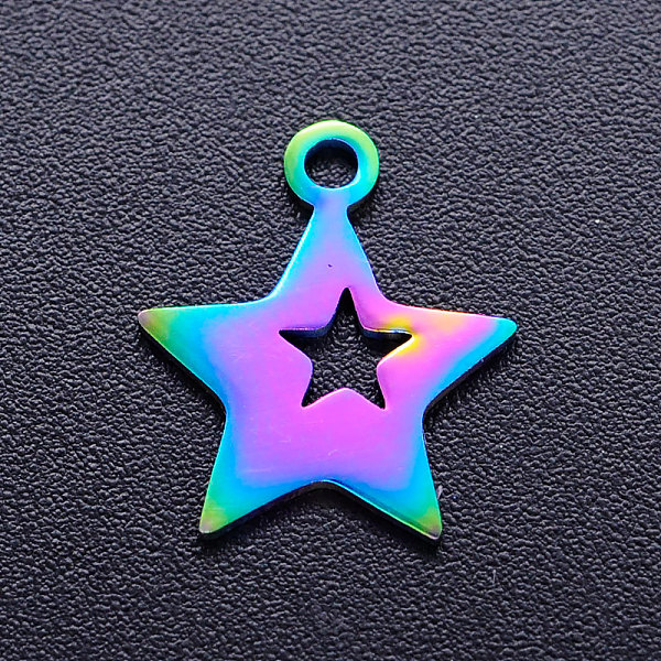 

PandaHall Ion Plating(IP) 201 Stainless Steel Charms, Star, Rainbow Color, 13.5x12x1mm, Hole: 1.5mm 201 Stainless Steel Star