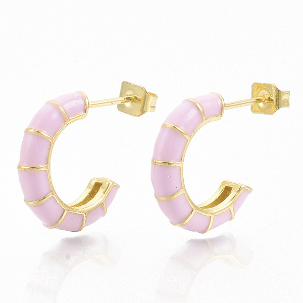 

PandaHall Brass Stud Earrings, Half Hoop Earrings, with Enamel and Earring Backs, Real 18K Gold Plated, Bamboo Shape, Pearl Pink...