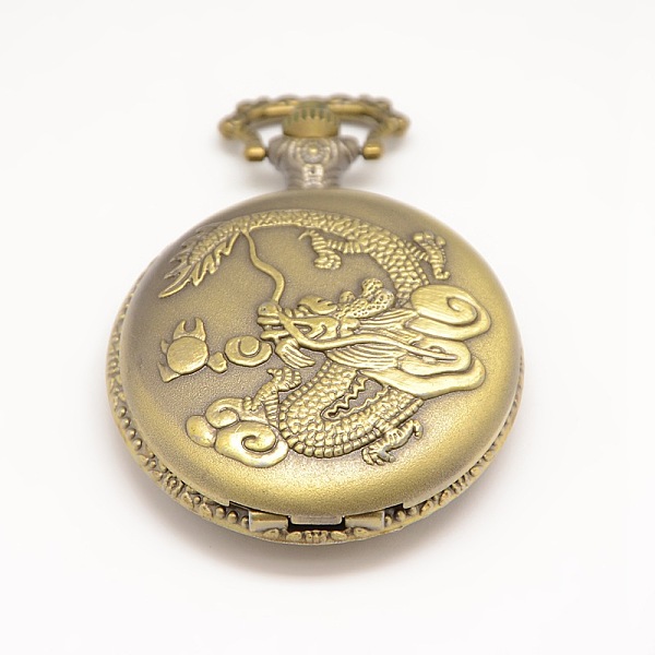 

PandaHall Vintage Flat Round Carved Dragon Alloy Quartz Watch Heads Pendants for Pocket Watch Necklace Making, Antique Bronze, 60x46x15mm...
