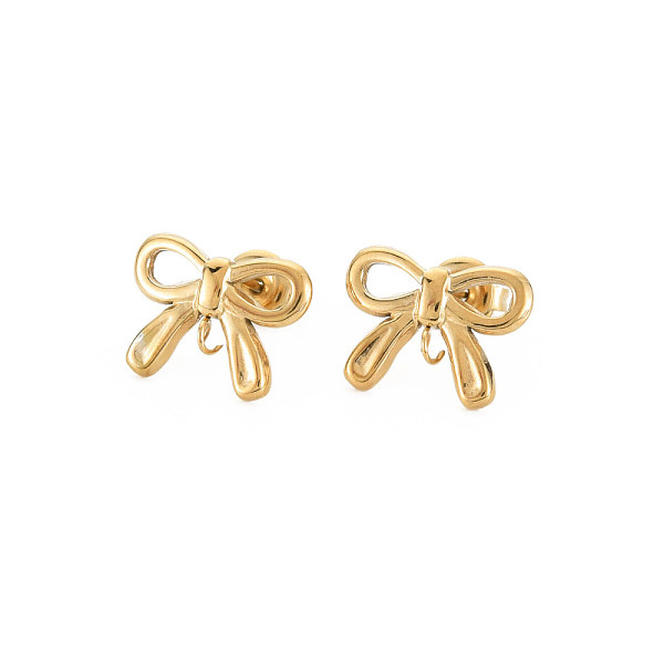 

PandaHall Ion Plating(IP) 304 Stainless Steel Stud Earring Findings, with Ear Nuts and Loops, Bowknot, Real 14K Gold Plated, 12x15mm, Hole...