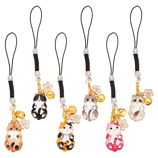

PandaHall 6Pcs 6 Colors Cat & Flower Alloy Enamel Pendant Decoration, with Iron Bell Charm and Nylon Cord Loops Hanging Decoration, Mixed..., Multicolor