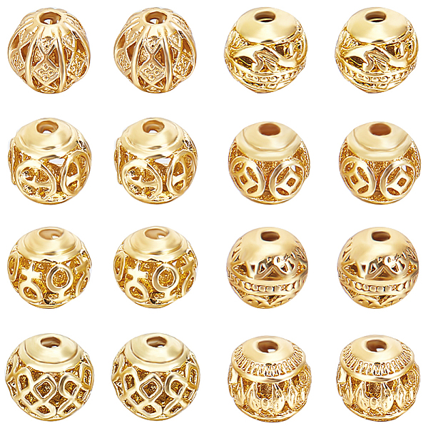 

PandaHall Beebeecraft 1 Box 32Pcs Golden Round Beads 18K Gold Plated Brass Hollow Beads 8 Style Spacer Beads Loose Beads for Earrings...