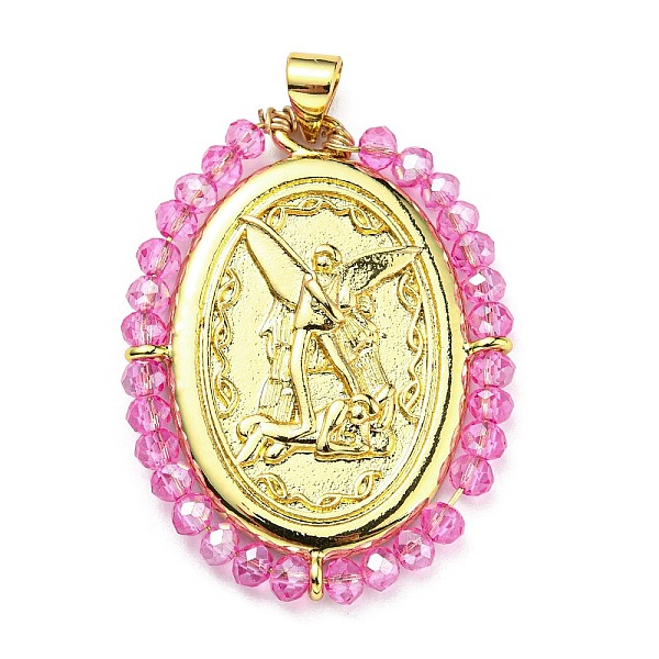 

PandaHall Brass with Glass Pendants, Cadmium Free & Lead Free, Real 18K Gold Plated, Oval with Angel Pattern, Fuchsia, 35x26x3mm, Hole..., Pink