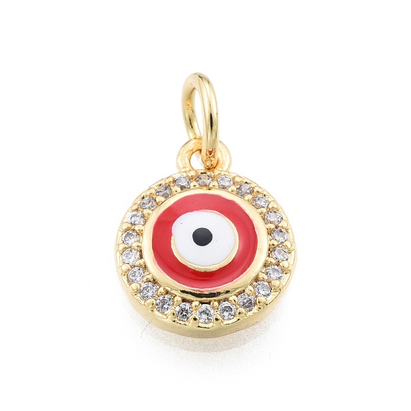 

PandaHall Brass Micro Pave Clear Cubic Zirconia Charms, with Enamel and Jump Rings, Golden, Flat Round with Evil Eye, Red, 11x9.5x2mm, Hole...