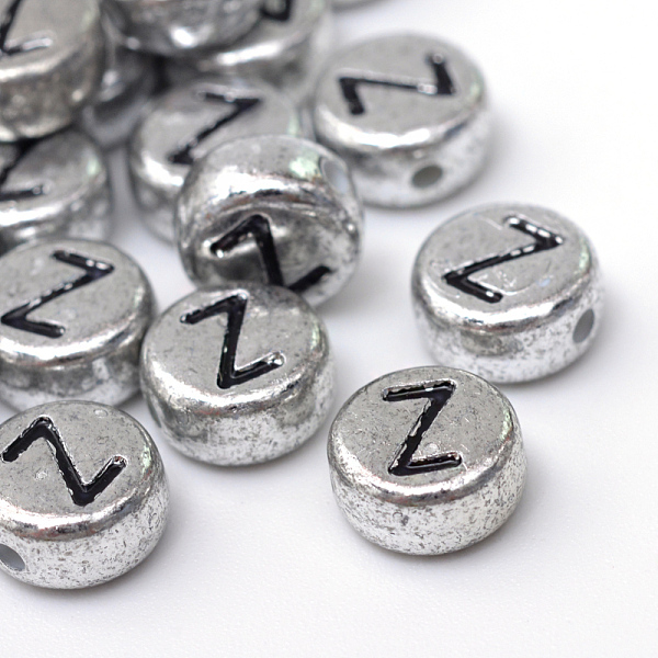 

PandaHall Plated Acrylic Horizontal Hole Letter Beads, Flat Round, Letter.Z, 7x4mm, Hole: 1.3mm, about 936pcs/130g Acrylic Letter Z Silver