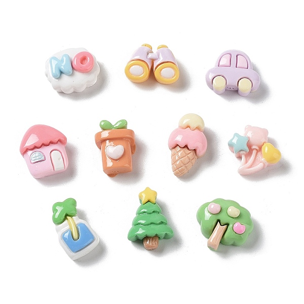 PandaHall Opaque Resin Cabochons, Tree & Balloon & House, Mixed Shapes, Mixed Color, 11~15x8~13x5.5~7mm Resin Mixed Shapes Multicolor