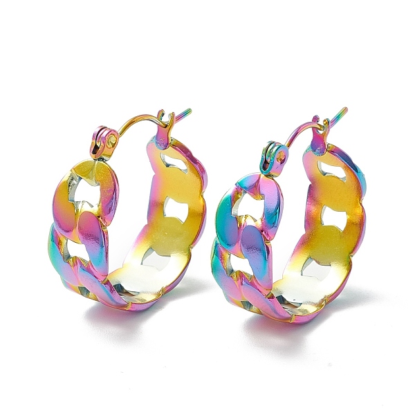 PandaHall 304 Stainless Steel Cuban Link Chunky Hoop Earrings for Women, Rainbow Color, 21.5x19.5x8mm, Pin: 0.7mm 304 Stainless Steel Ring