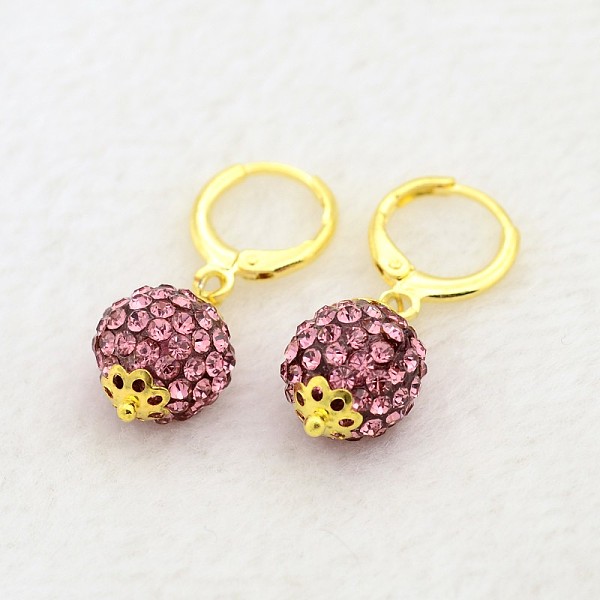 

PandaHall Dangling Round Ball Resin Rhinestone Earrings, with Golden Plated Brass Leverback Hoop Earring Settings, Rose, 30mm, Pin: 1mm..., Pink