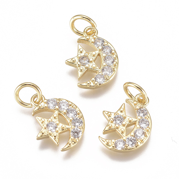 

PandaHall Brass Micro Pave Cubic Zirconia Charms, with Jump Ring, Long-Lasting Plated, Moon with Star, Clear, Real 18K Gold Plated, 12x9x2mm...