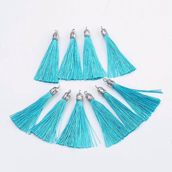 

PandaHall Nylon Tassels Big Pendant Decorations, with Antique Silver Alloy Findings, Sky Blue, 55~67x7mm, Hole: 2mm Nylon
