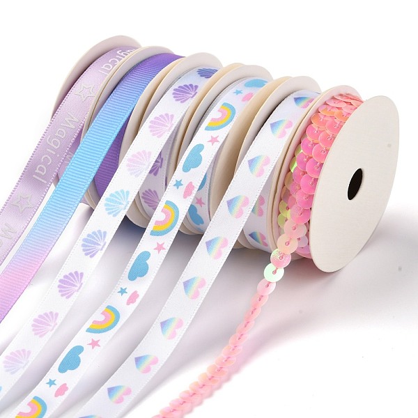 

PandaHall 4Rolls Polyester Ribbons, with 1Roll Gradient Grosgrain Ribbon and PVC Plastic Paillette/Sequins Beads Strands, for Gift Packaging..., Multicolor