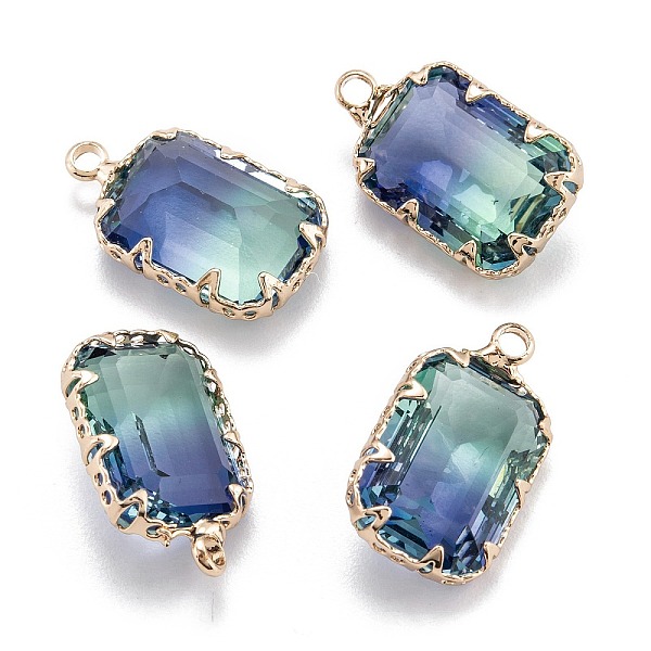 

PandaHall Two Tone Transparent Glass Pendants, with Golden Plated Brass Settings, Faceted, Rectangle, Colorful, 18.5x11x6.5mm, Hole: 1.8mm...