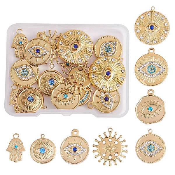 

PandaHall 16Pcs 8 Style Eye Theme 304 Stainless Steel Rhinestone Pendants, Hamsa Hand/Hand of Miriam & Flat Round, Golden..., Multicolor