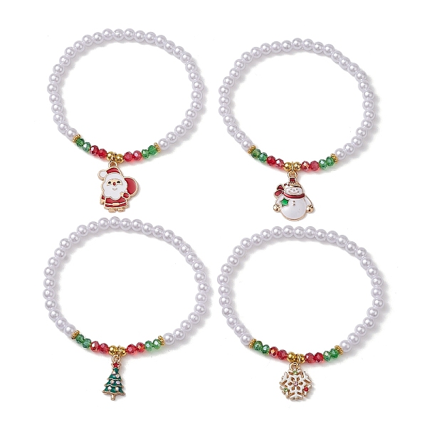 

PandaHall 4Pcs 4 Styles Electroplate Glass & Imitated Pearl Acrylic Beaded Stretch Bracelet Sets, Christmas Tree & Santa Claus Alloy Enamel..., Multicolor