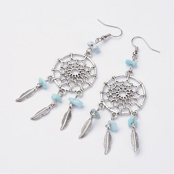 

PandaHall Woven Net/Web with Feather Alloy Dangle Earrings, with Natural Larimar Beads and Brass Earring Hooks, Antique Silver and Platinum...