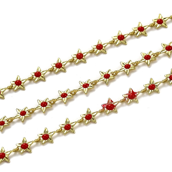

PandaHall Brass Link Chains, with Enamel, Spool, Long-Lasting Plated, Unwelded, Star, Golden, Red, Link: 9x6.1x1.5mm Brass+Enamel Red