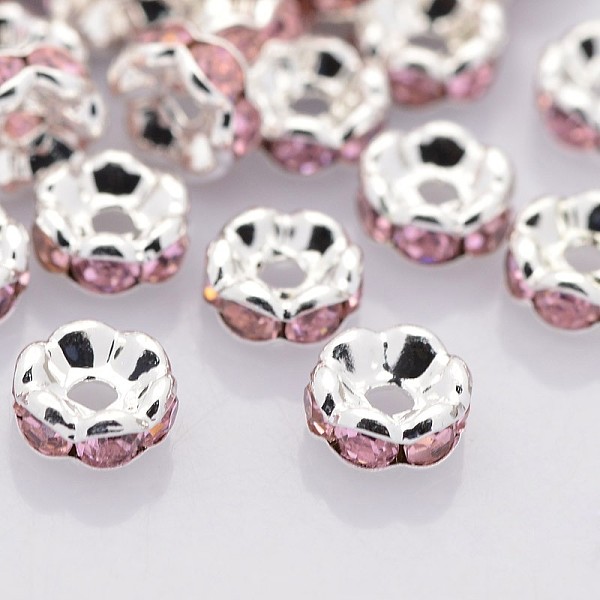 

PandaHall Brass Rhinestone Spacer Beads, Grade AAA, Wavy Edge, Nickel Free, Silver Color Plated, Rondelle, Light Rose, 8x3.8mm, Hole: 1.5mm..., Pink