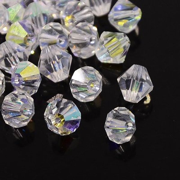 

PandaHall Glass Rhinestone Beads, Bicone, Clear AB, AB Color, about 6mm in diameter, 5mm thick, hole: 1.3mm, about 288pcs/bag Glass Bicone..., White