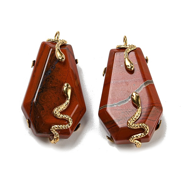 

PandaHall Natural Red Jasper Pendants, with Ion Plating(IP) Stainless Steel Color Plated 304 Stainless Steel Snake Findings, Hexagon...