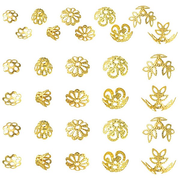 

PandaHall 400PCS 5Style Iron Bead Caps, Golden, 6~10x1~6mm, Hole: 1~1.2mm Iron