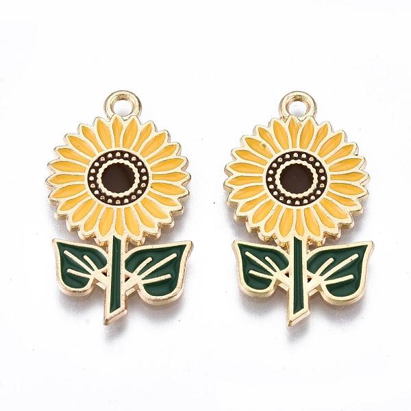 

PandaHall Eco-Friendly Alloy Enamel Pendants, Cadmium Free & Lead Free & Nickel Free, Sunflower, Light Gold, Goldenrod, 27.5x15.5x1mm, Hole...