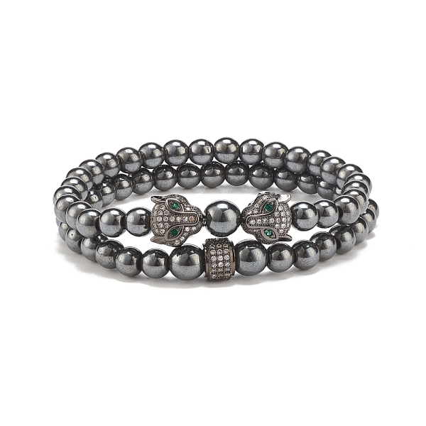 

PandaHall 2Pcs 2 Style Synthetic Hematite Stretch Bracelets Sets, Gemstone Bracelet with Cubic Zirconia Leopard & Column for Women, Gunmetal...