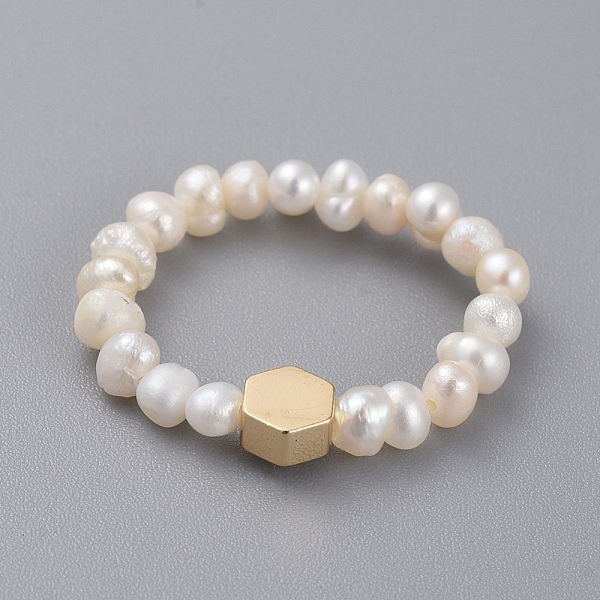 

PandaHall Stretch Natural Cultured Freshwater Pearl Finger Rings, with Brass Beads and Elastic Crystal Thread, Hexagon, Real 18K Gold Plated...