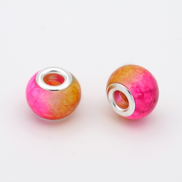 PandaHall Large Hole Glass European Beads, with Silver Color Plated Brass Cores, Rondelle, Fuchsia, 14x10mm, Hole: 5mm Glass+Brass Core...