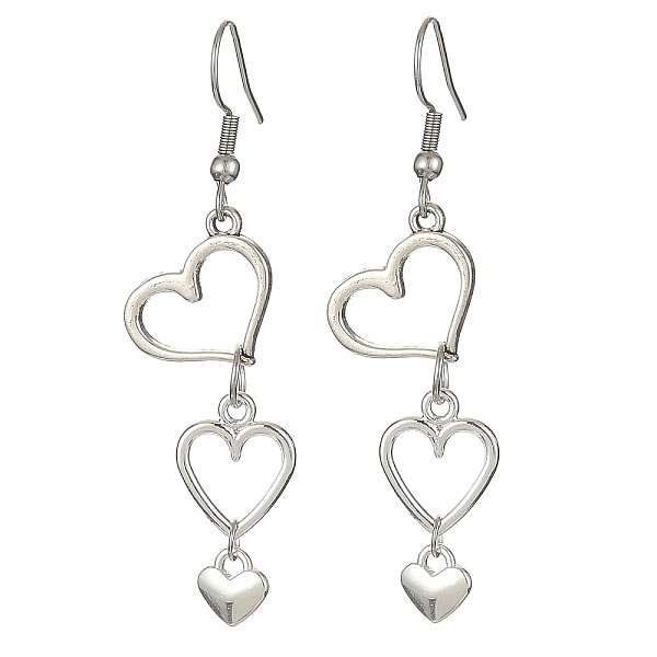 PandaHall Tibetan Style Alloy Hollow Heart Dangle Earrings with 304 Stainless Steel Pins, Antique Silver, 58.5x14mm Alloy Heart