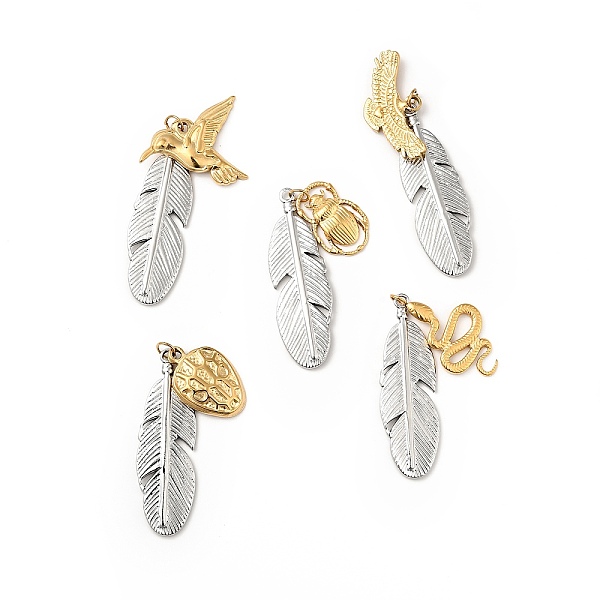 

PandaHall Ion Plating(IP) 304 Stainless Steel Pendants, Feather with Snake & Ladybug & Eagle & Bird, Mixed Patterns, 12.5~27x12~26x1.6~2.7mm...