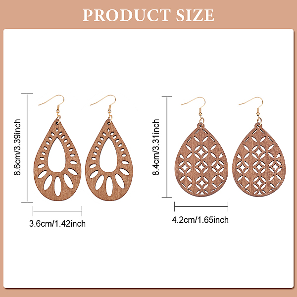 ANATTASOUL 2 Pairs 2 Style Natural Wood Hollow Out Teardrop Dangle Earrings