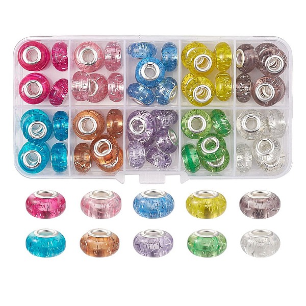 

PandaHall 60Pcs 10 Colors Rondelle Resin European Beads, Large Hole Beads, with Glitter Powder and Platinum Tone Brass Double Cores, Mixed..., Multicolor