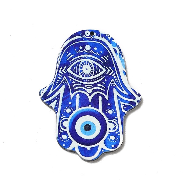 

PandaHall Opaque Acrylic Pendants, Hamsa Hand/Hand of Miriam Charm, Evil Eye Pattern, 51.5x38.5x2mm, Hole: 1.6mm Acrylic Evil Eye