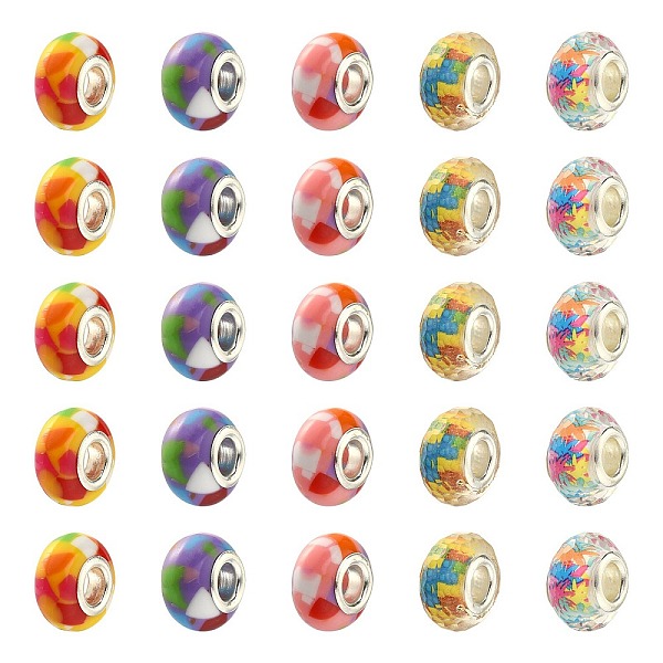 PandaHall 50Pcs 5 Colors Resin European Beads, with Platinum Color Iron Core, Large Hole Beads, Rondelle, Mixed Color, 14x8mm, Hole: 5mm...