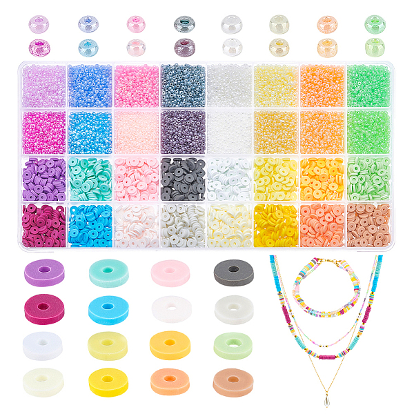 

PandaHall PH 11360~12480pcs Craft Beads Kit 2mm Glass Seed Beads 16 Colors Mini Pony Beads 6mm Polymer Clay Beads 16 Colors Heishi Beads..., Multicolor