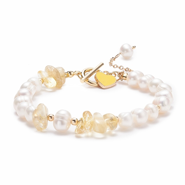 

PandaHall Natural Citrine & Pearl Beaded Bracelet with Alloy Enamel Heart Charms, Gemstone Jewelry for Women, Golden, 7-5/8 inch(19.4cm)...
